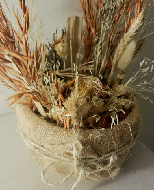 Coupe Terre Cuite, Toile de Jute ,Fleurs Séchées