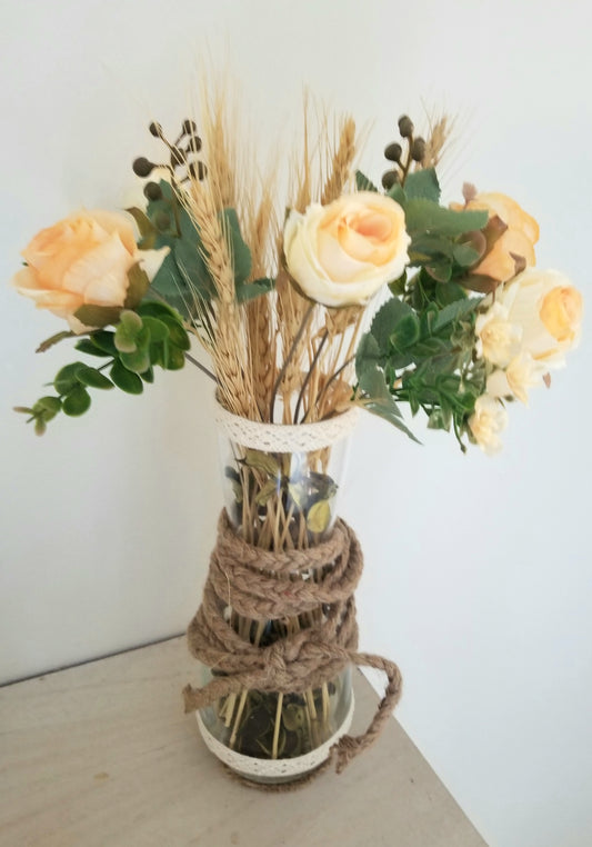 Vase Carafe, Corde, Epis de Blé Bouquet de Fleurs