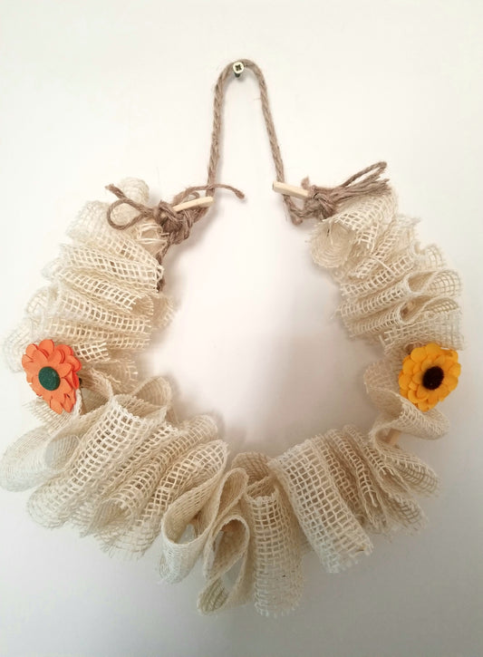 Couronne Automnale, Bois. Ruban Toile de Jute